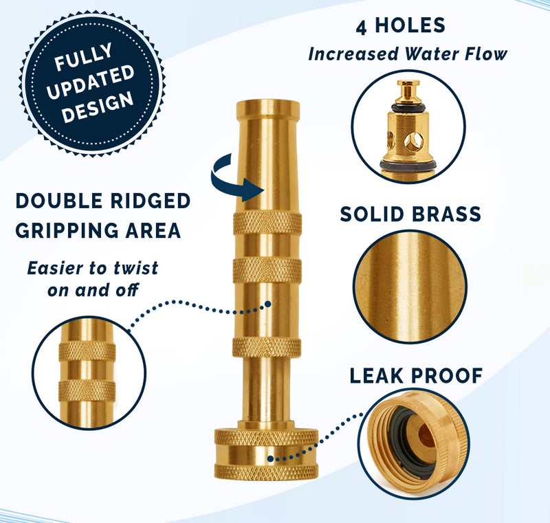Morvat Solid Brass Metal Twist Garden Hose Nozzle, Heavy Duty Adjustable Pressure Spray Attachment, High Power Water Jet Sprayer with 4 Holes & Â¾â€ Standard Threading, Includes 2 Extra Rubber Washers - Image 2